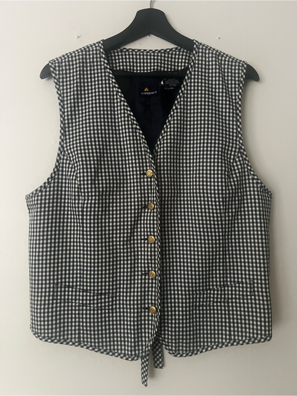 Liz Sport Gingham Button Vest, women’s L, black/white check, office dressy